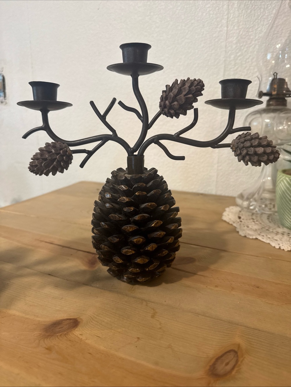 Vintage Rustic Wrought Iron Style Pinecone Candelabra Set Of 2